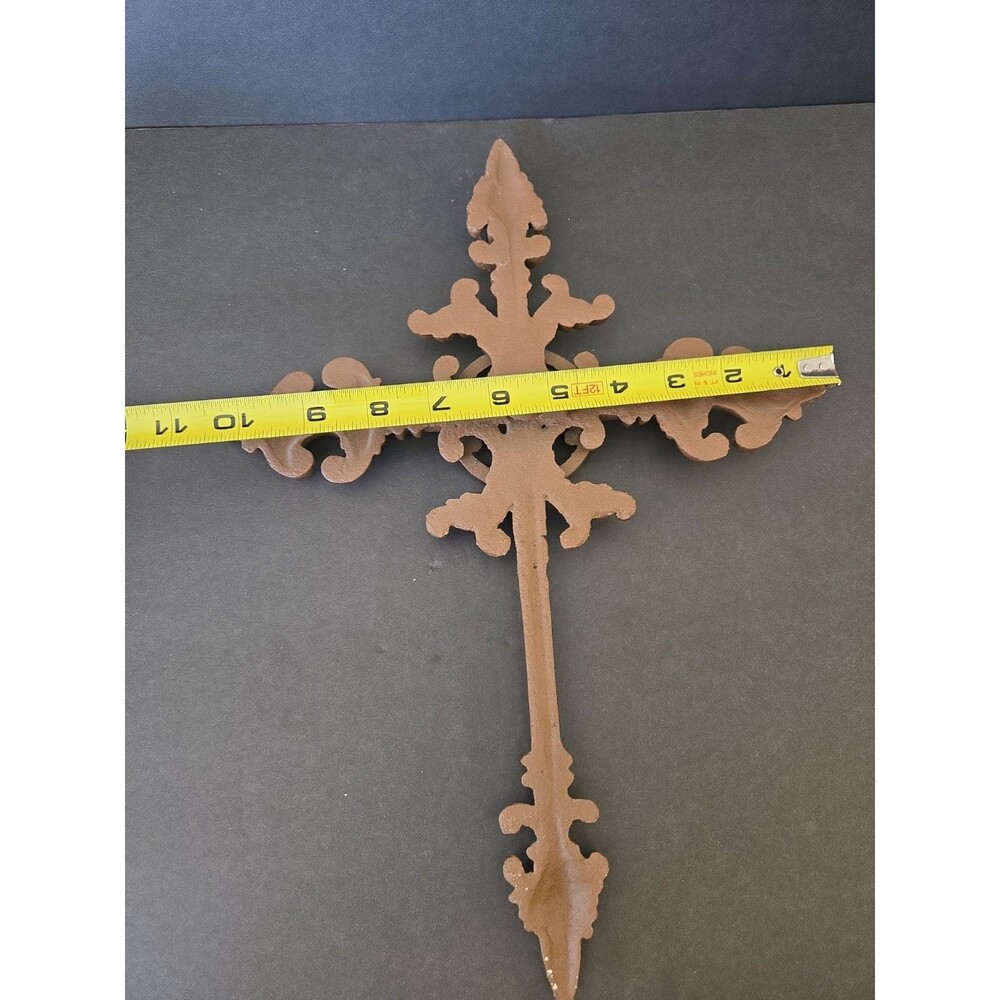 Ornate Cast Iron Fleur-de-Lis Wall Cross - 15" x 11" Rustic Decor Brown Heavy - Picture 7 of 8